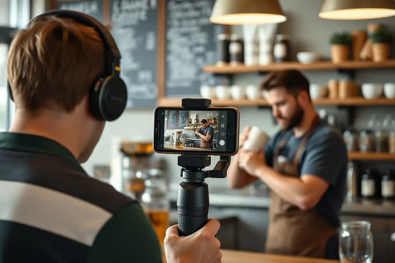 Videographer filming a barista making coffee with a vertical camera setup