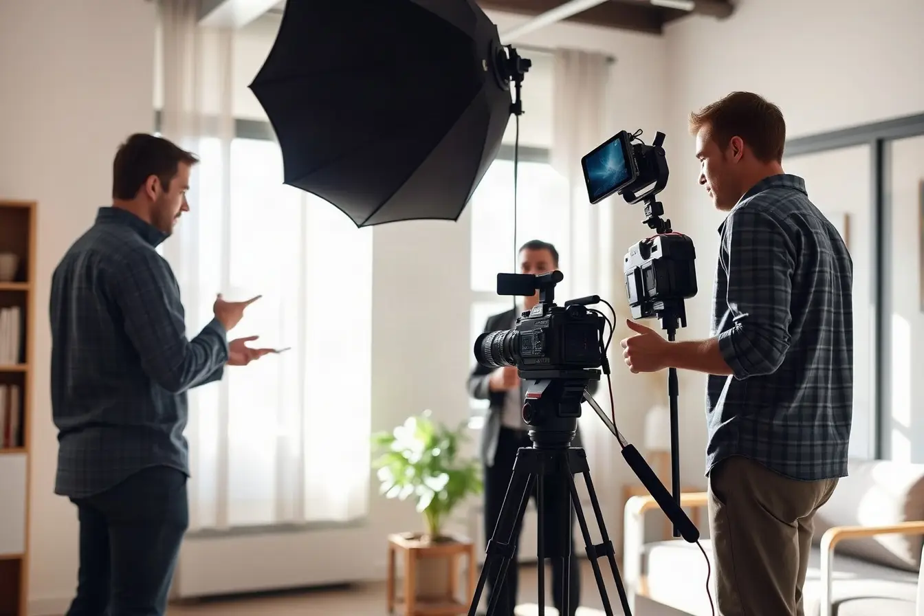 Small video crew filming a client interview in a sunlit Oakland office